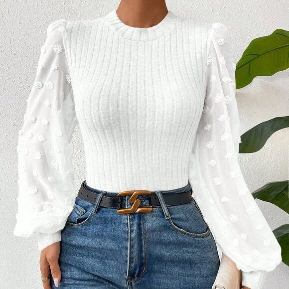 White Casual Women's Round Neck Slim-Fit Top With Mesh Contrast - Picture 1 of 6